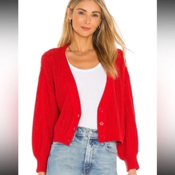Alice + Olivia Windsor Deep V Slouchy Cable Knit Cardigan in Bright Poppy (red)